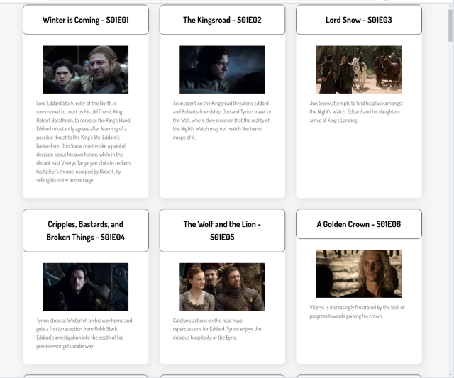 Screenshot of a website with cards showing per-episode data according to the requirements