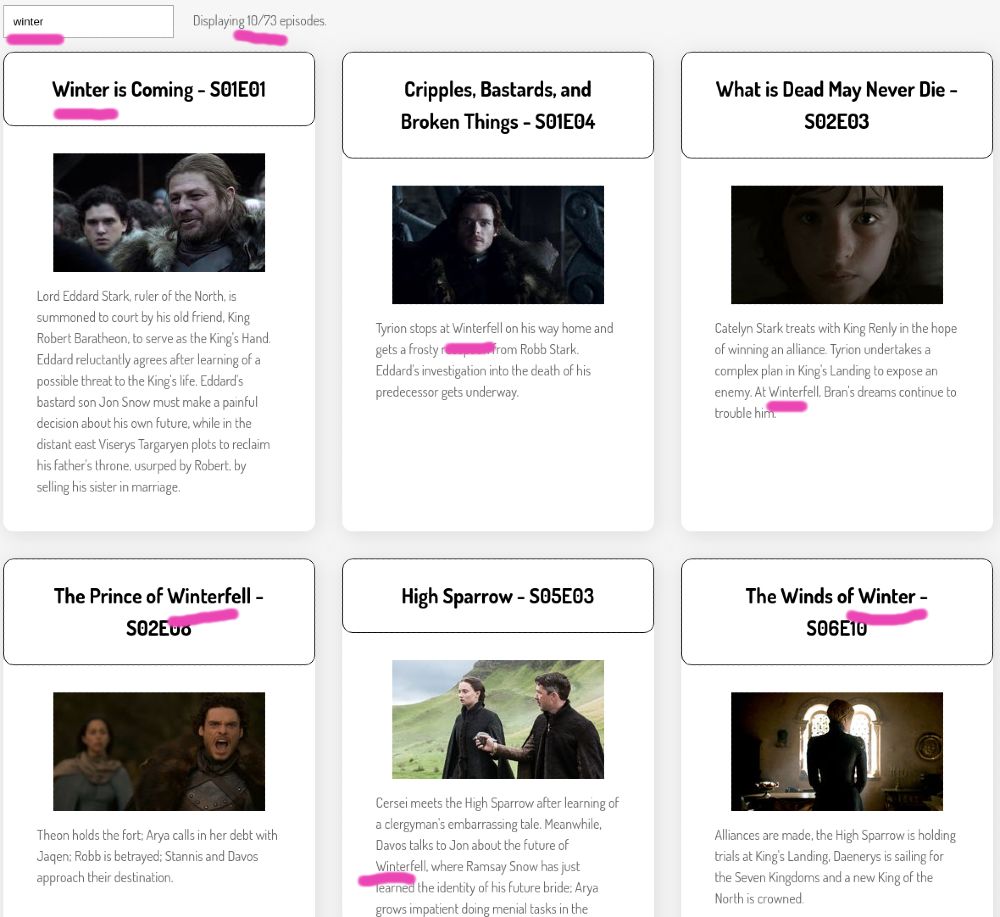 Screenshot of a website with a search term entered in the search box, and only matching episodes shown