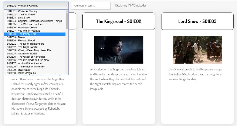 Screenshot of a website with a drop-down listing all available episodes