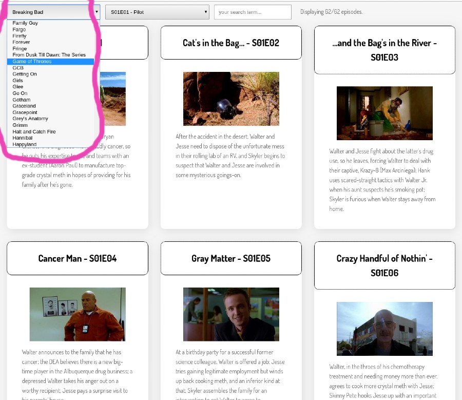 Screenshot of a website with a drop-down list showing multiple TV shows