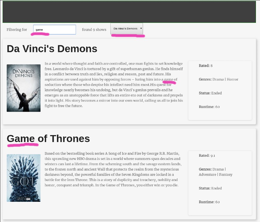 Screenshot of a website with a drop-down list with the show “Breaking Bad” selected